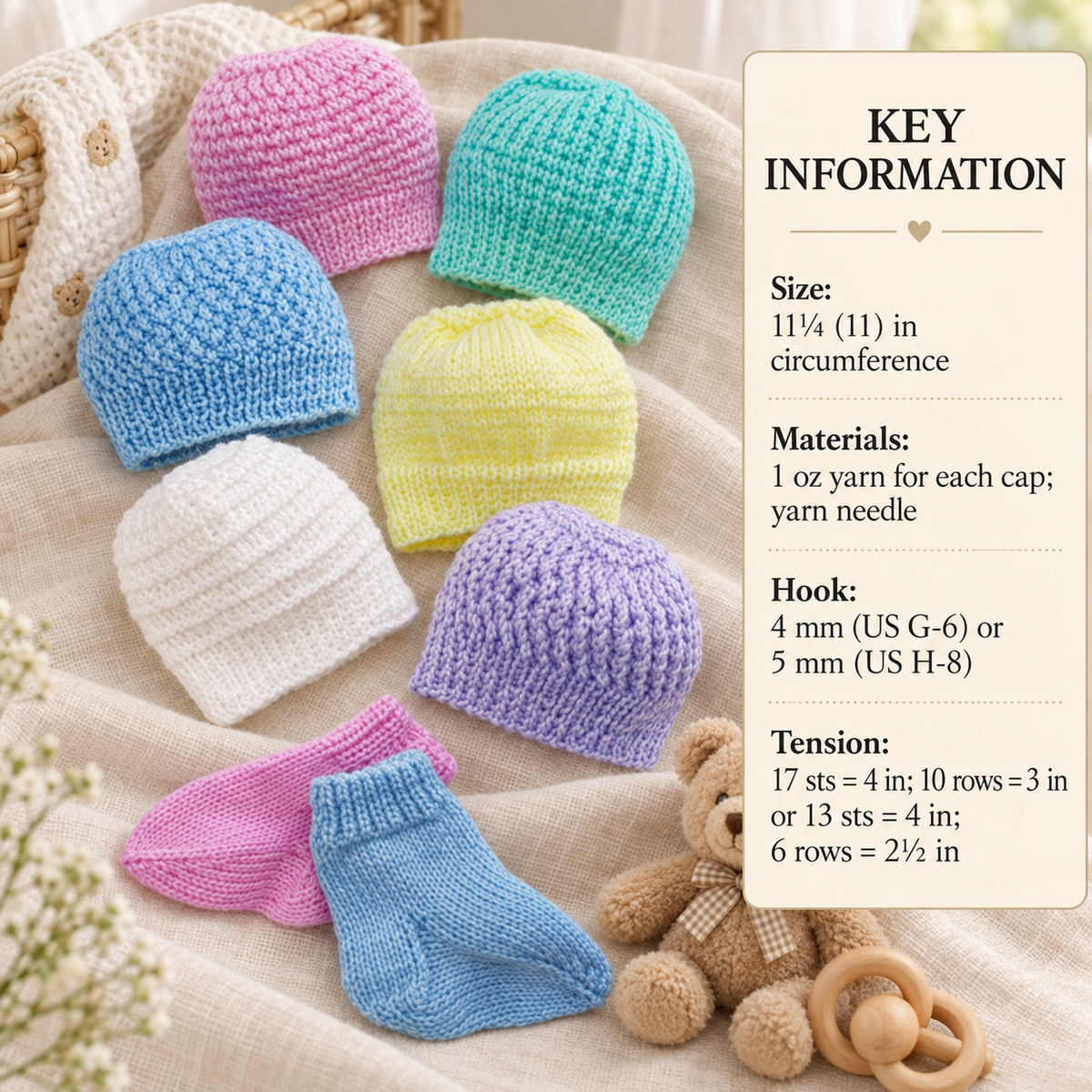 Premature Baby Hats  x 6 Designs & Socks Knitting Pattern- 3 ply Fingering Knitting pattern  PDF  download- Premie baby small baby