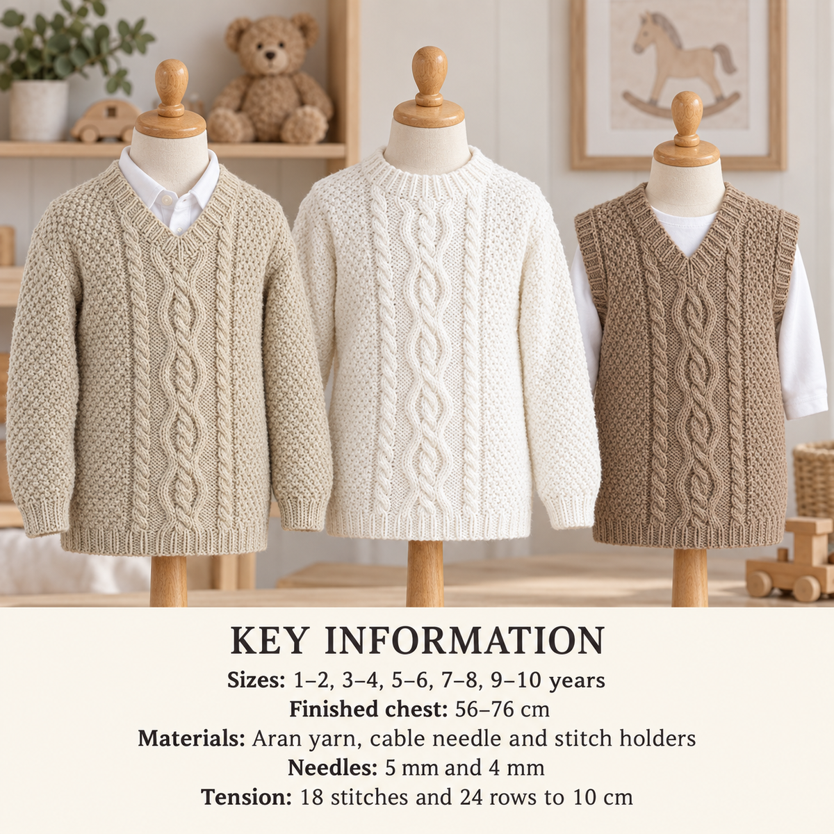 Boy-Crew Neck- V Neck Cable Moss Stitch- sweaters- and slipover Aran wool- chest 22-30 inches-  KNITTING Pattern