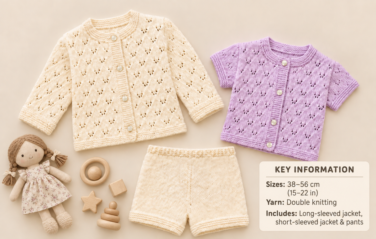 Baby Girl- Boy Long or Short sleeved Jacket and Pants -DK 8Ply Light worsted wool~14-22 chest- Knitting pattern