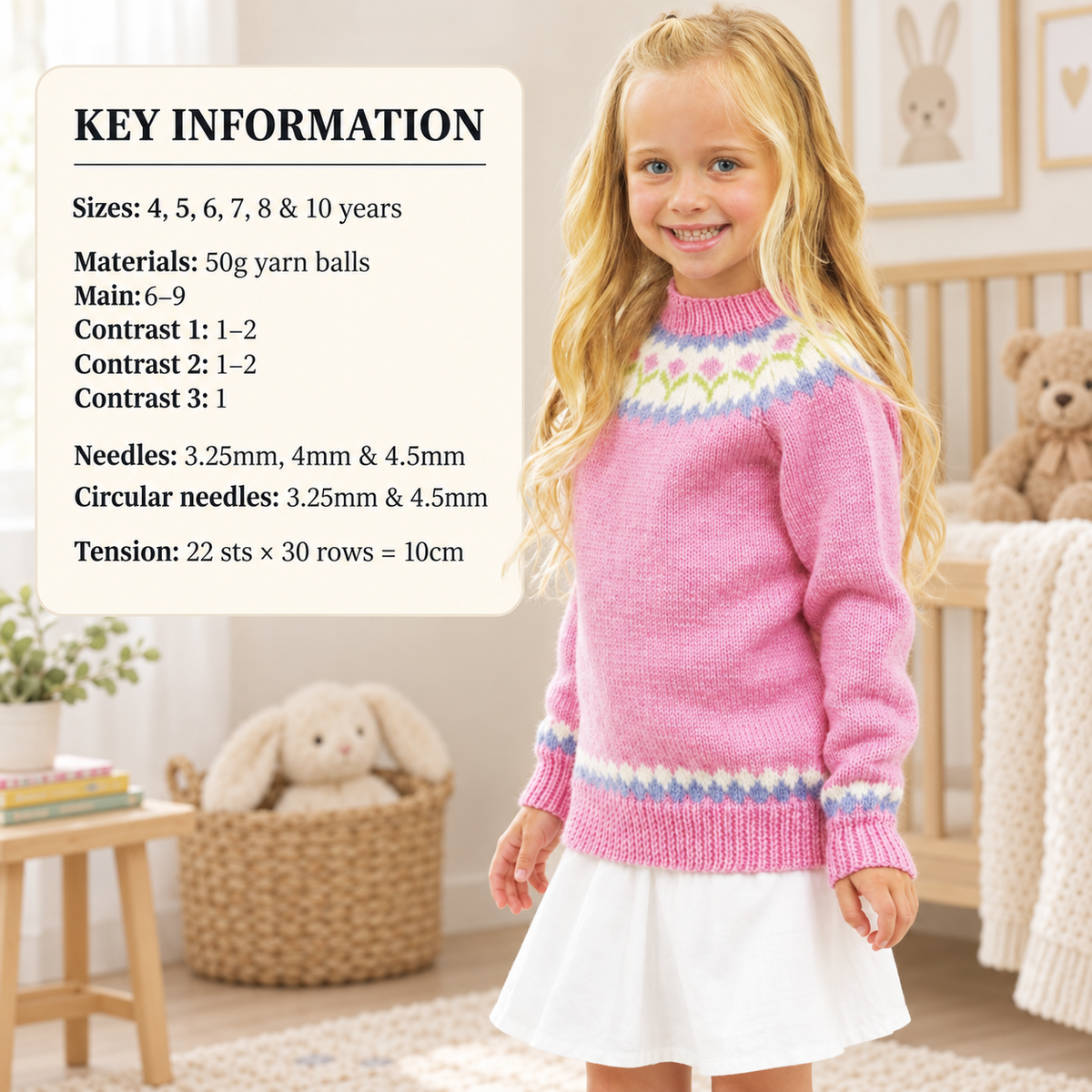 Girl's Fair Isle  Yoked Sweater Jumper flowers in  DK 8Ply Light worsted wool size 4 - 10 years Knitting Pattern