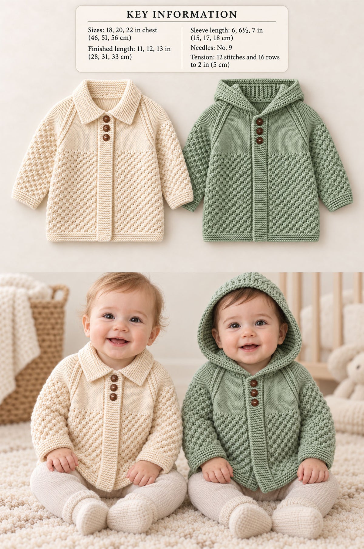 Baby Hooded Jacket & Raglan Cardigan in  DK 8ply Age 3mths - 2 years Knitting Pattern