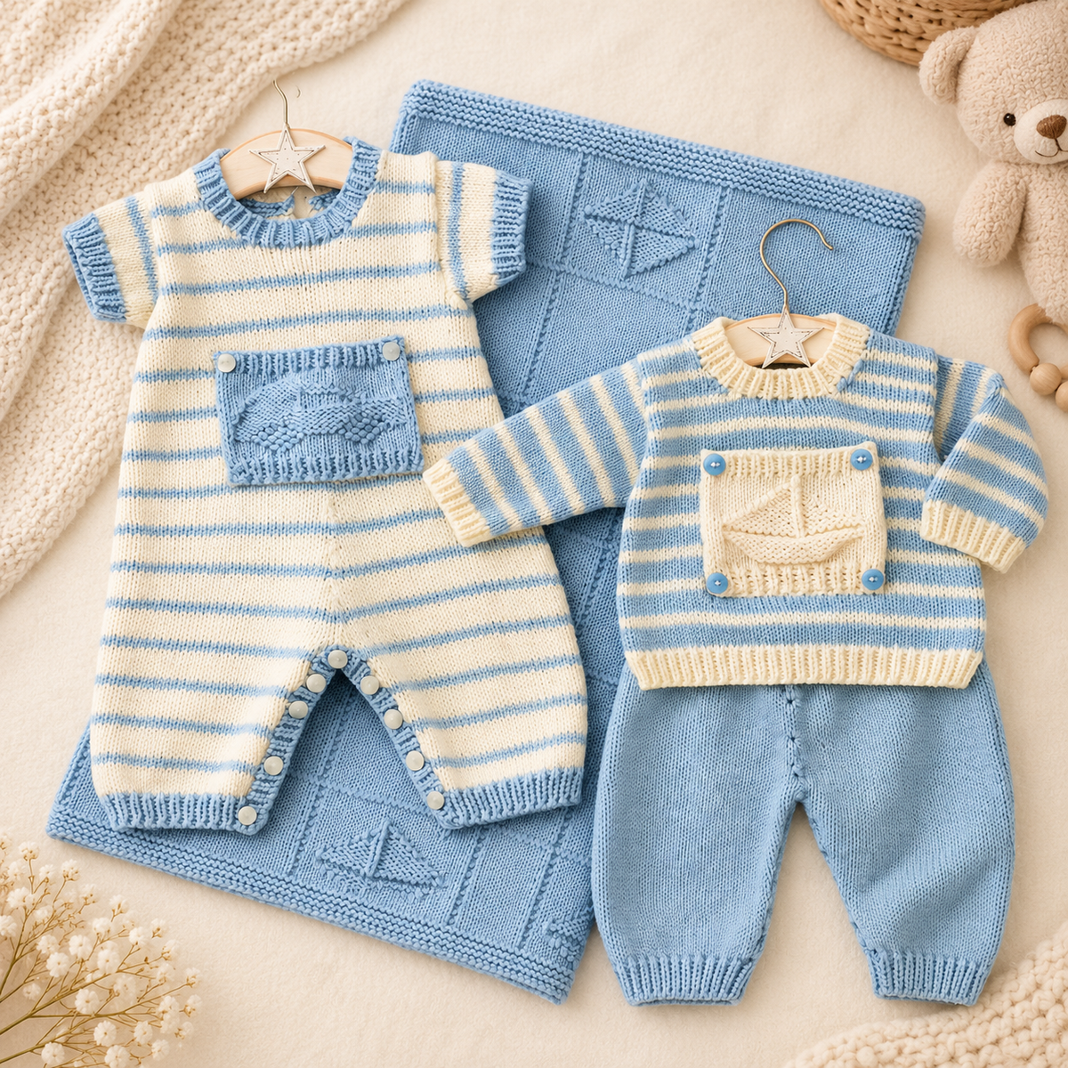Baby Knitting Pattern 14–20 Inch  – Sweater, Romper & Pants Set with Blanket