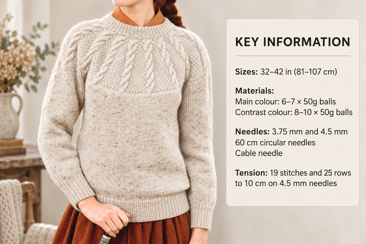Cable Yoke Sweater Knitting Patterns, Women's Jumpers, Size 32-42" Chest