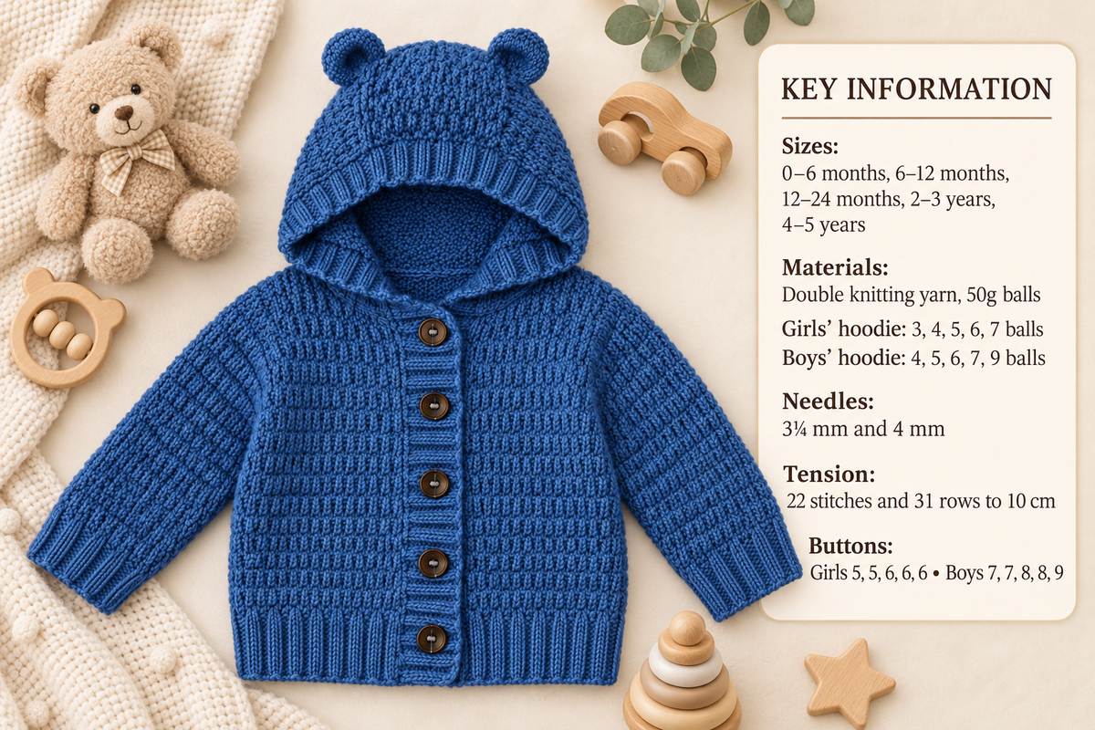 Child's Hooded Teddy Bear Jacket  Cardigan with Ears DK 8ply Age 0 - 5 yrs Knitting Pattern