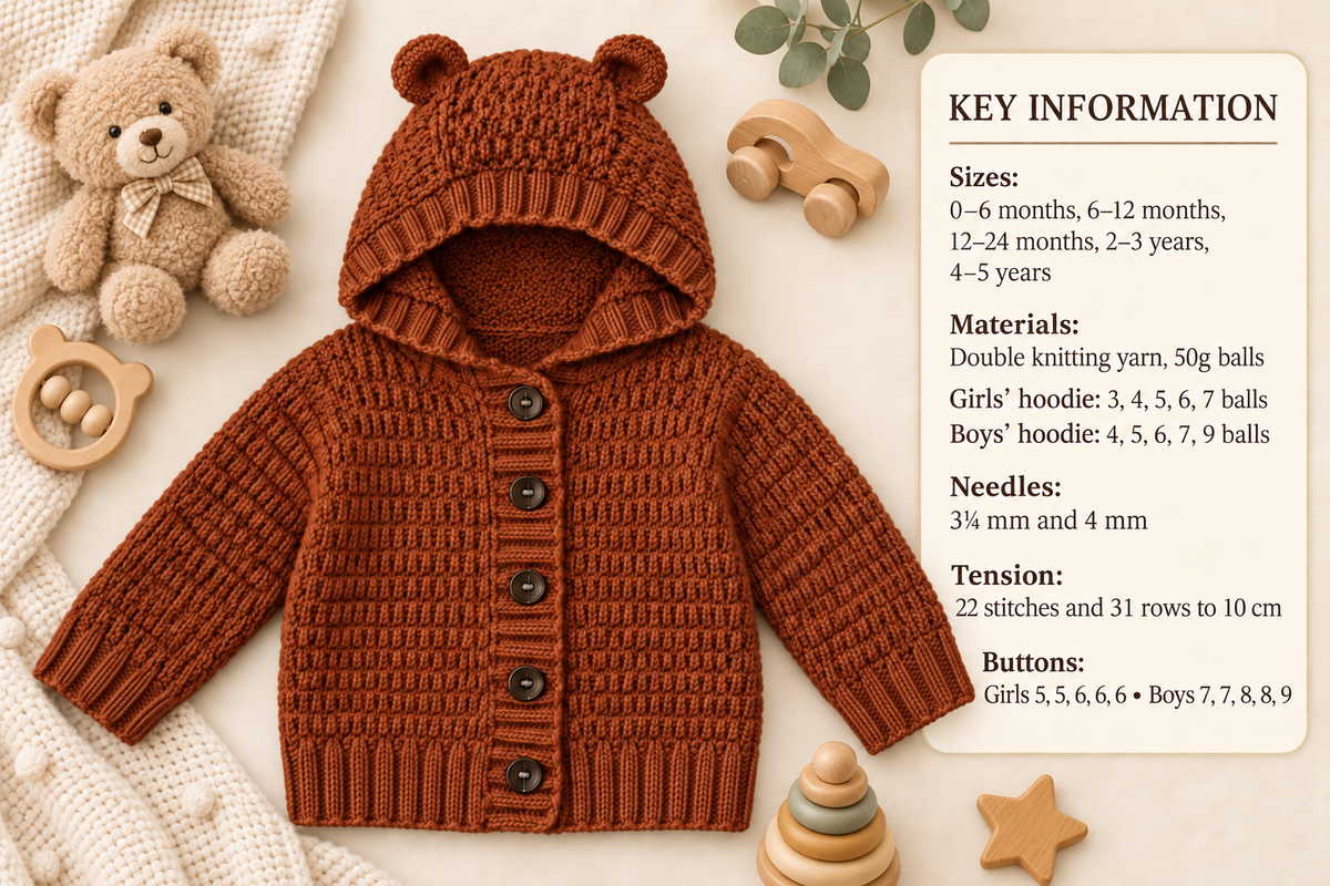 Child's Hooded Teddy Bear Jacket  Cardigan with Ears DK 8ply Age 0 - 5 yrs Knitting Pattern