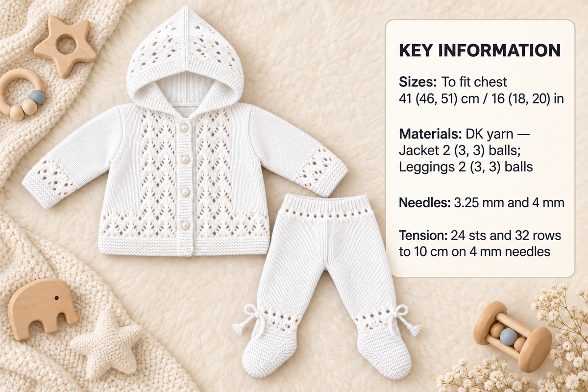 Baby Hooded Jacket & Leggings  Lace Baby Set 0 - 12 months DK wool Knitting Pattern