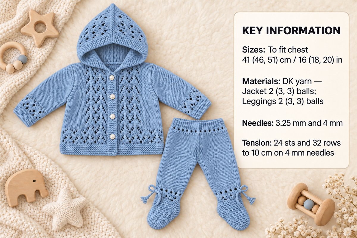 Baby Hooded Jacket & Leggings  Lace Baby Set 0 - 12 months DK wool Knitting Pattern