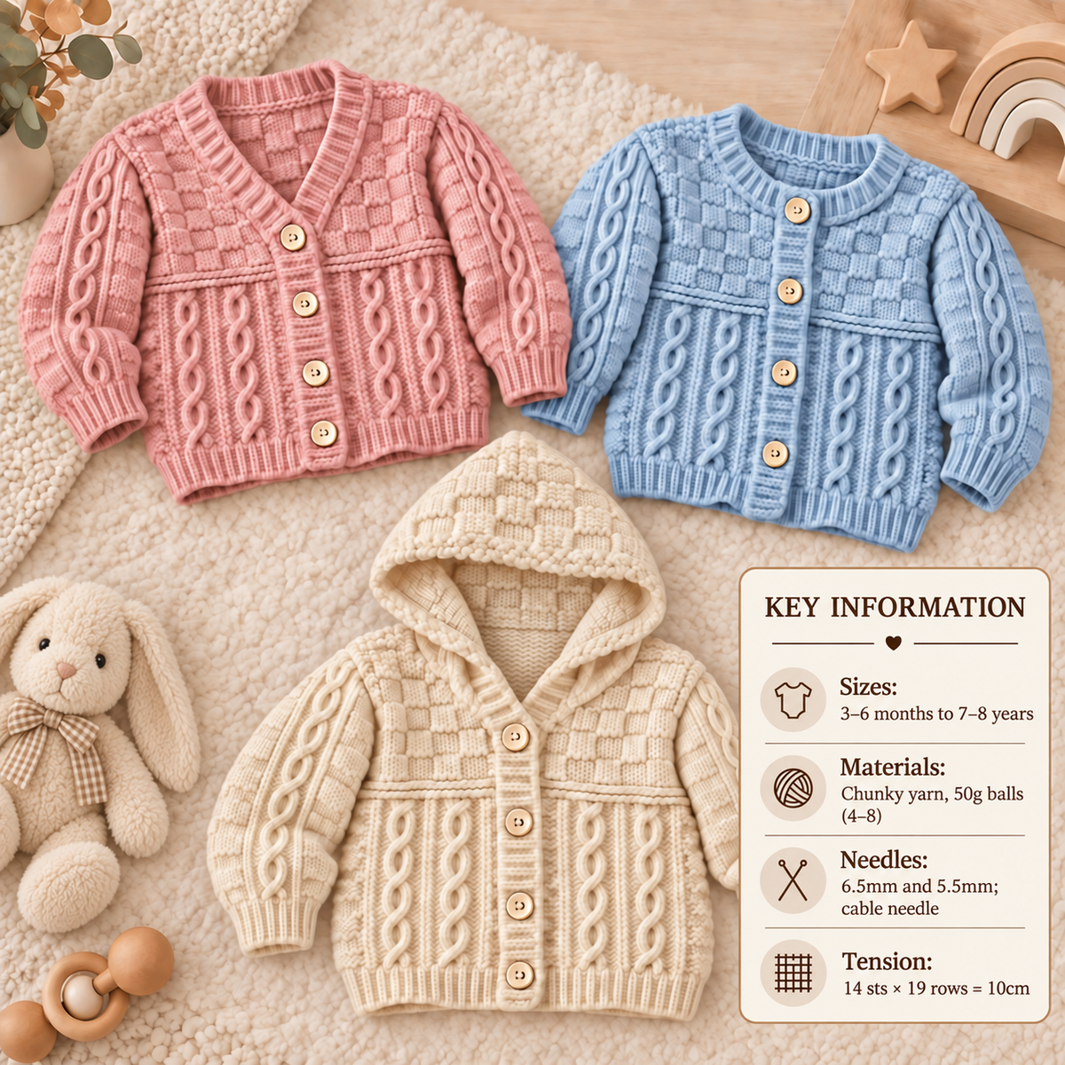 Childs Chunky Hooded Jacket Knitting Pattern with V- Round Neck Cardigan 3mths-8 yrs