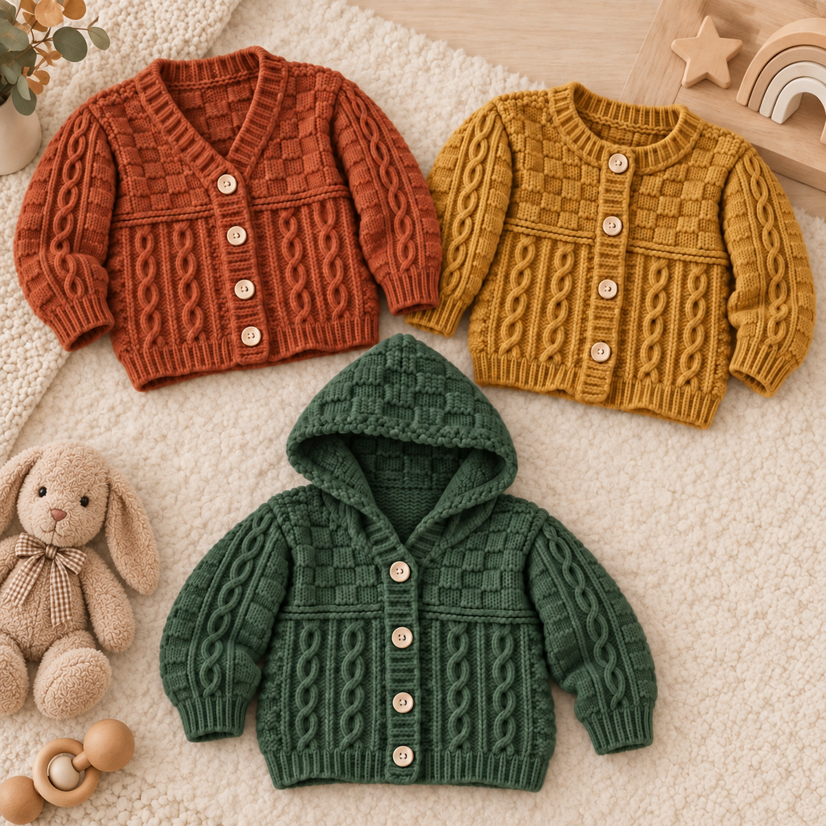 Childs Chunky Hooded Jacket Knitting Pattern with V- Round Neck Cardigan 3mths-8 yrs
