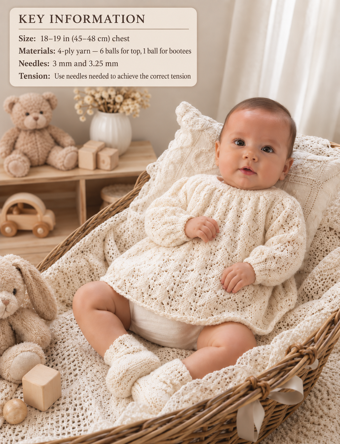 Baby Lace  Dress  & Bootees Vintage Heirloom Baby 4ply fingering wool- fits chest 18 - 19"
