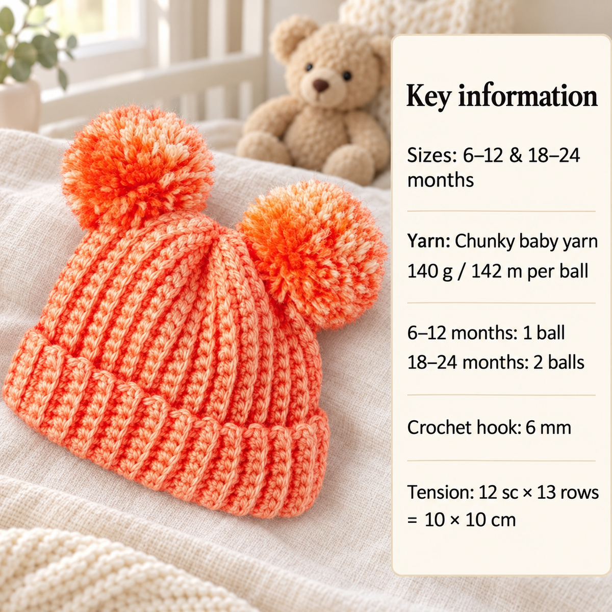 Vintage Knit Ribbed Pom Pom Hat Pattern, 6-24 Months Chunky quick knit  (PDF Download)