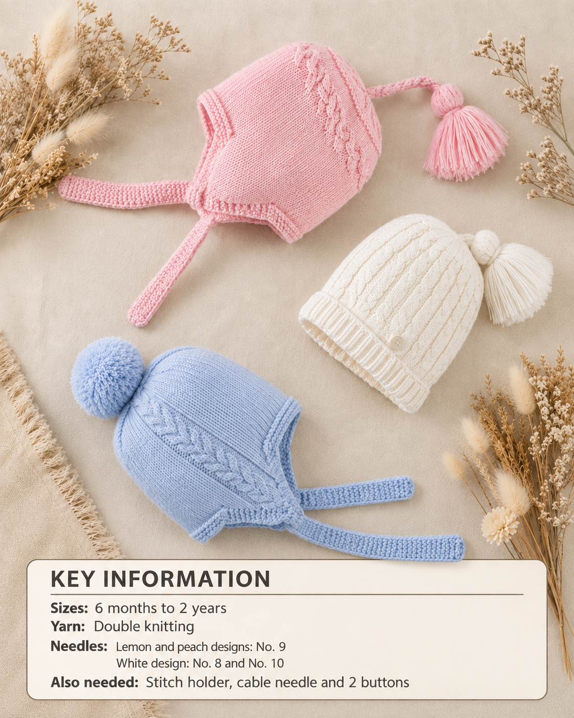 Easy Knit Hats - Garter Stitch - Helmet - Pull on Pointed - Hat Flower ~ 0 - 7yrs DK 8 Ply Light Worsted Knitting Pattern