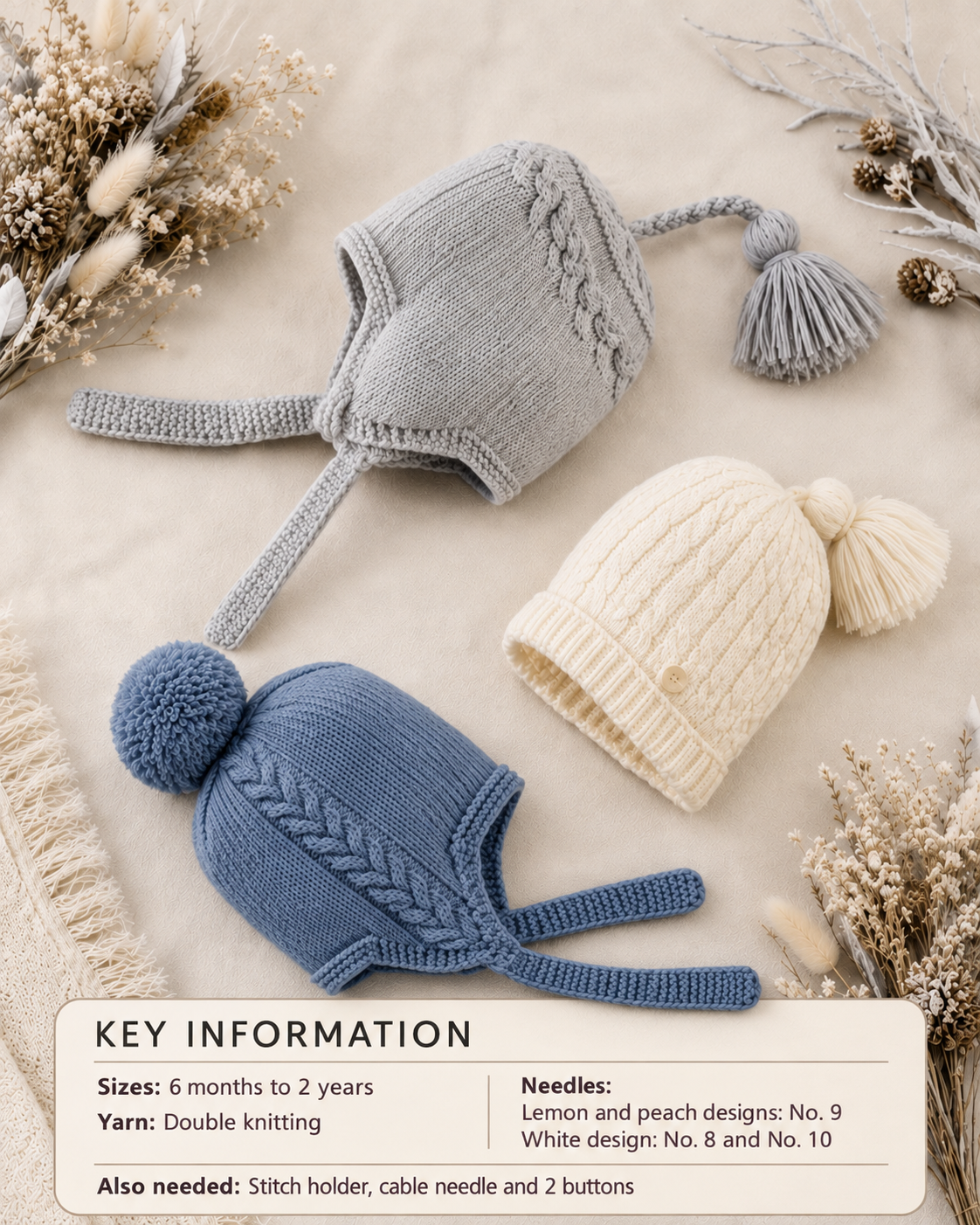 Easy Knit Hats - Garter Stitch - Helmet - Pull on Pointed - Hat Flower ~ 0 - 7yrs DK 8 Ply Light Worsted Knitting Pattern
