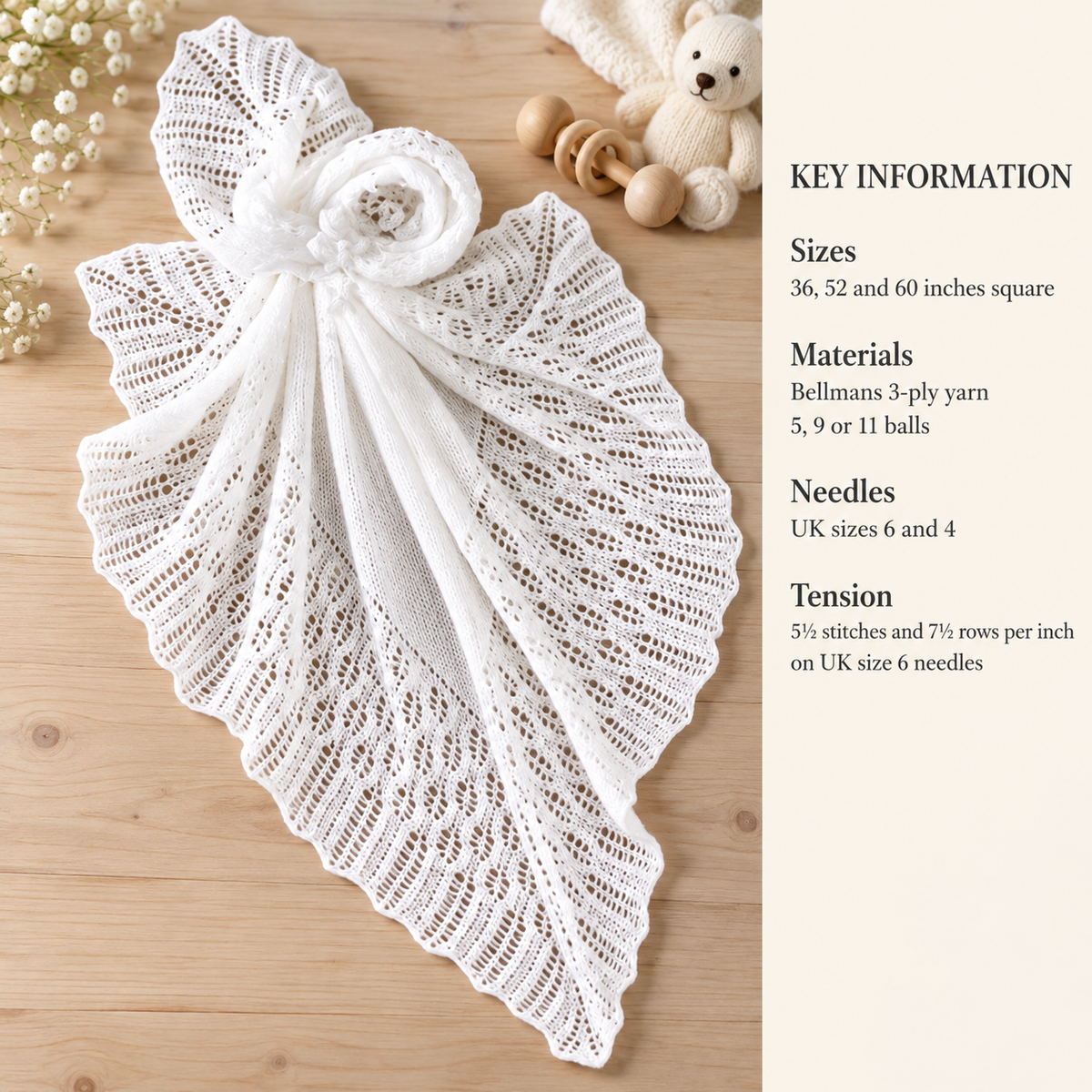 Vintage  Baby Shawl Knitting Pattern PDF 1950s -Square Christening, knitted in fingering wool  Square- English Only