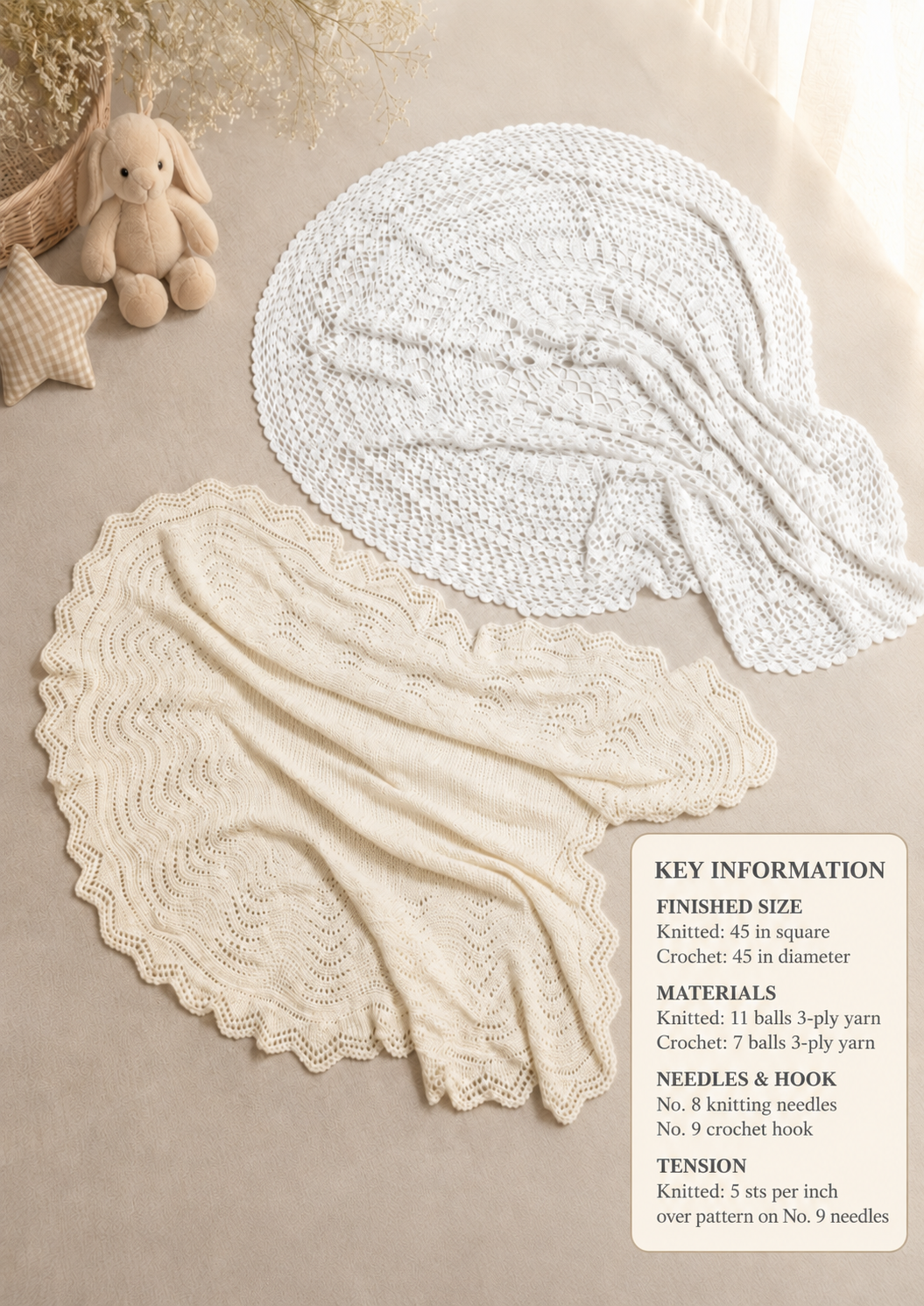 Baby Vintage Shawl in 3 ply - scalloped edges heritage shawl -44 Inches diam Knitting/ crochet pattern