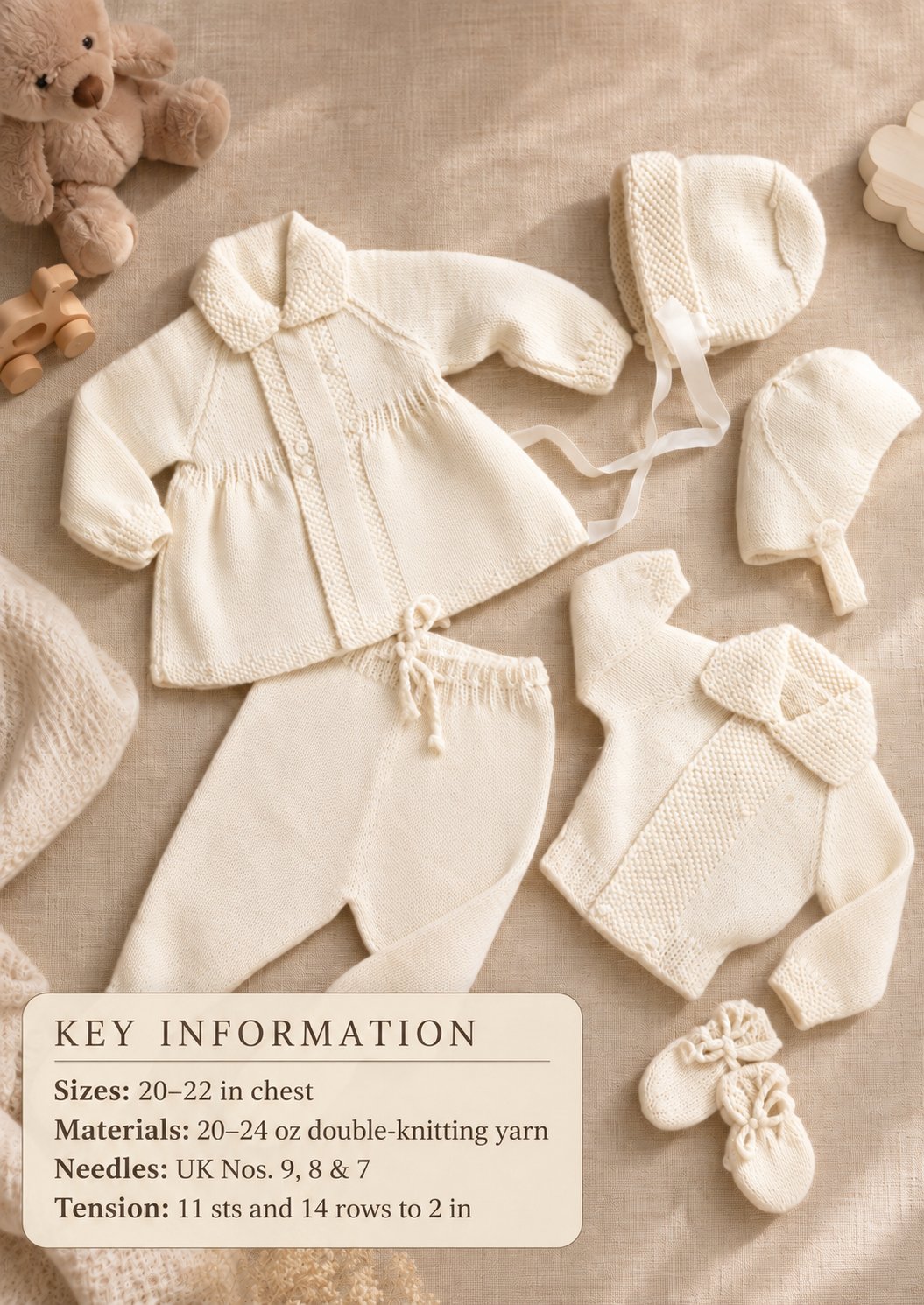 Baby Boy- Girl- Pram set-Jacket, leggings, hats, mitts - DK Fits 20-22 chest- Knitting pattern