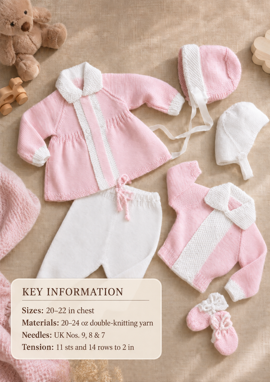 Baby Boy- Girl- Pram set-Jacket, leggings, hats, mitts - DK Fits 20-22 chest- Knitting pattern
