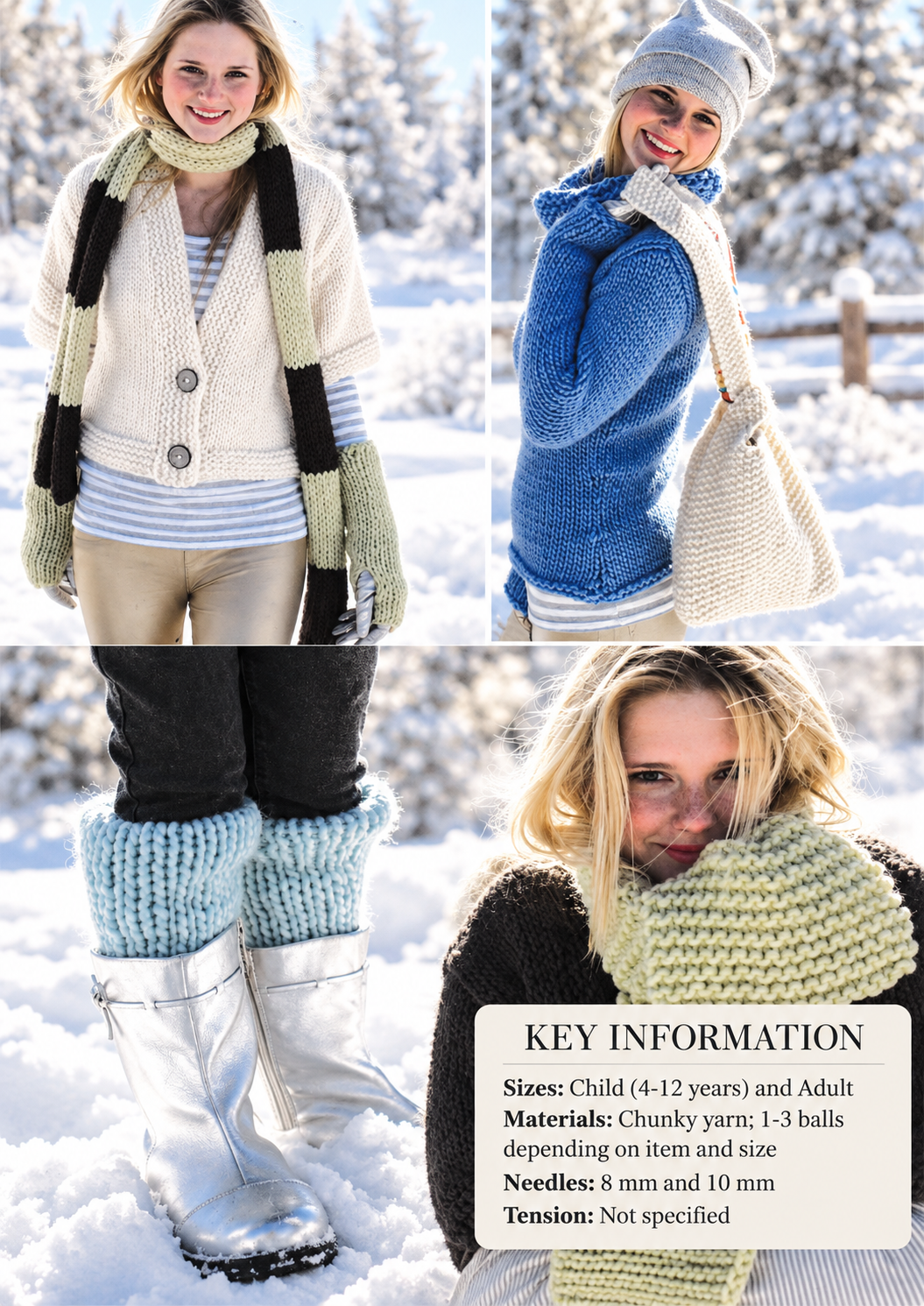Womans Hats scarf Bag Legwarmers, Super Chunky Wool 14 Ply Knitting Pattern