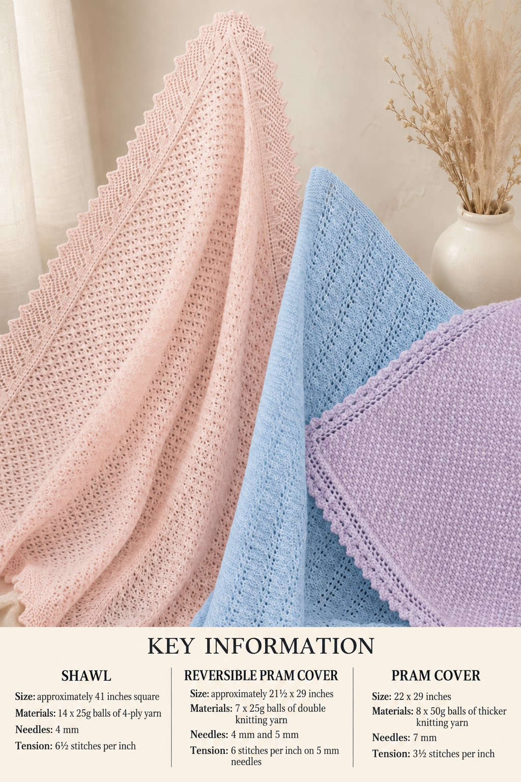 Baby Vintage Shawl in 4 ply heritage shawl -41 Inches square Knitting pattern plus 2 pram covers