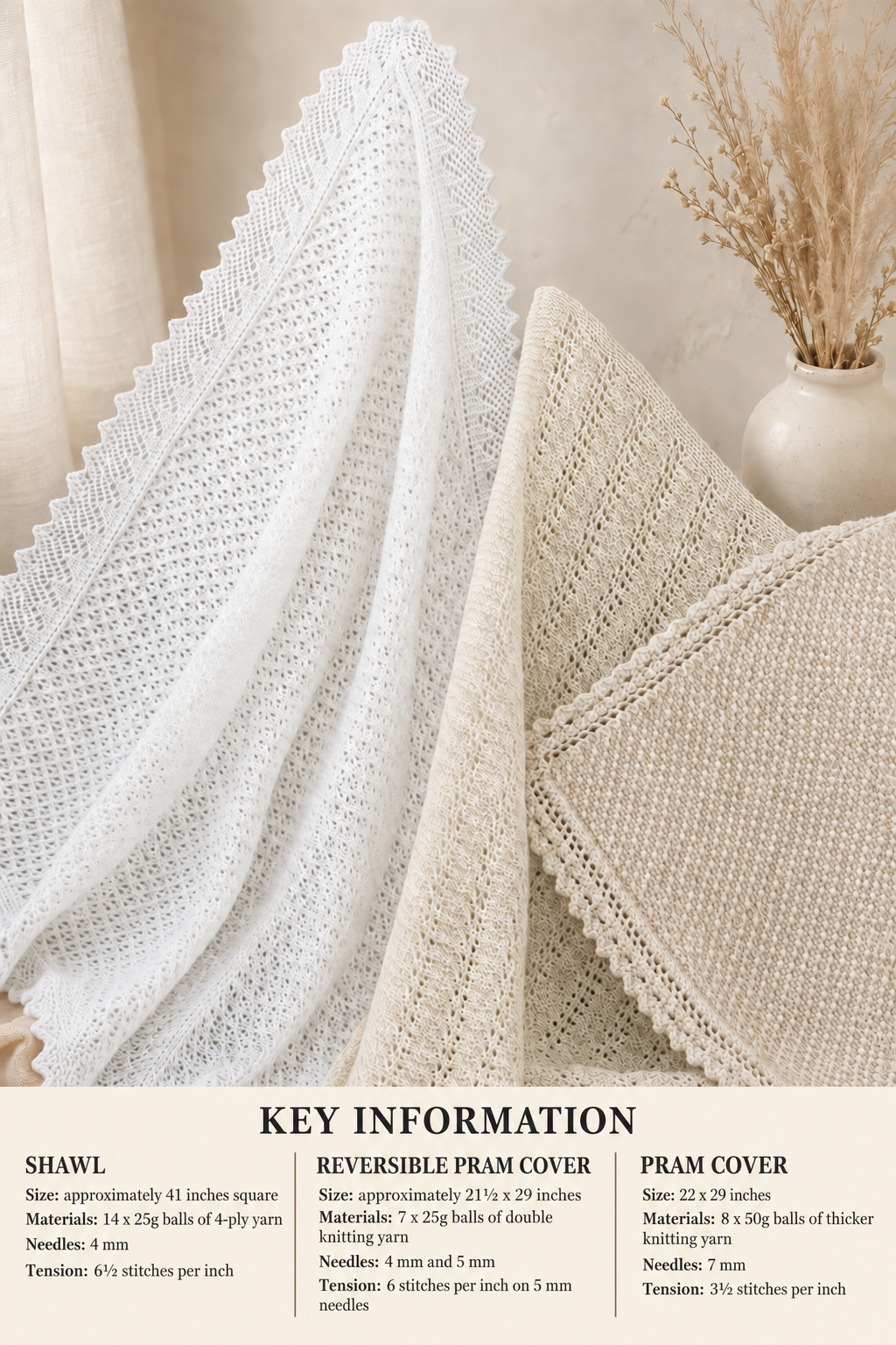 Baby Vintage Shawl in 4 ply heritage shawl -41 Inches square Knitting pattern plus 2 pram covers