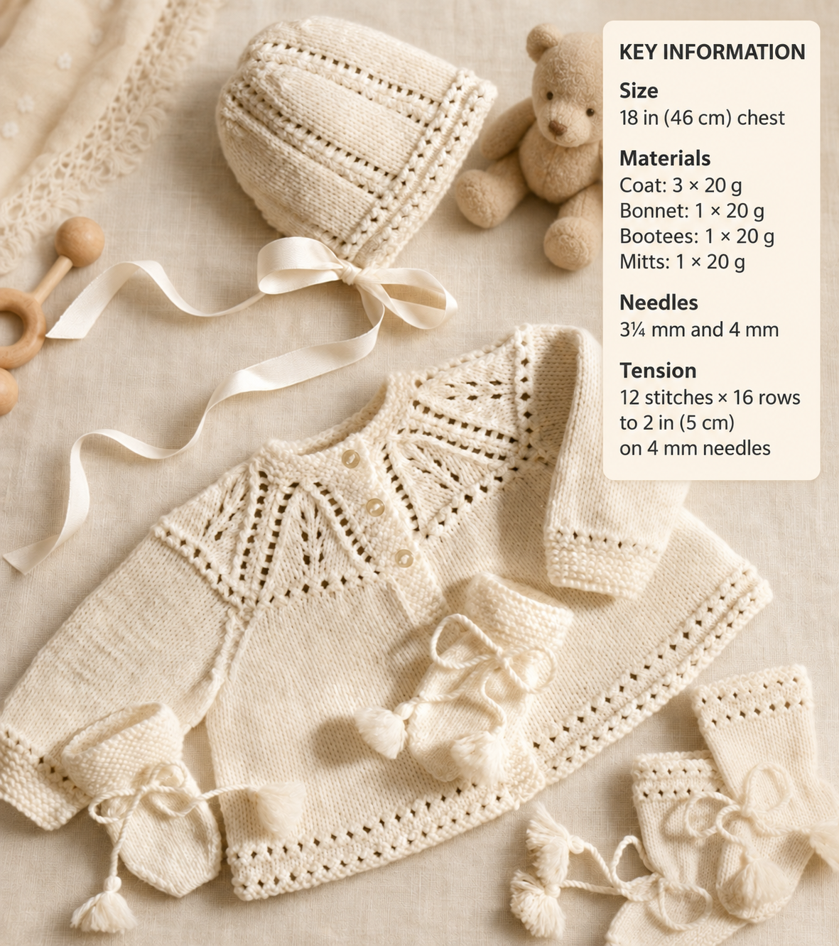 Vintage Baby Cardigan Coat Bonnet Bootees and Mitts 18" chest Knitting Pattern