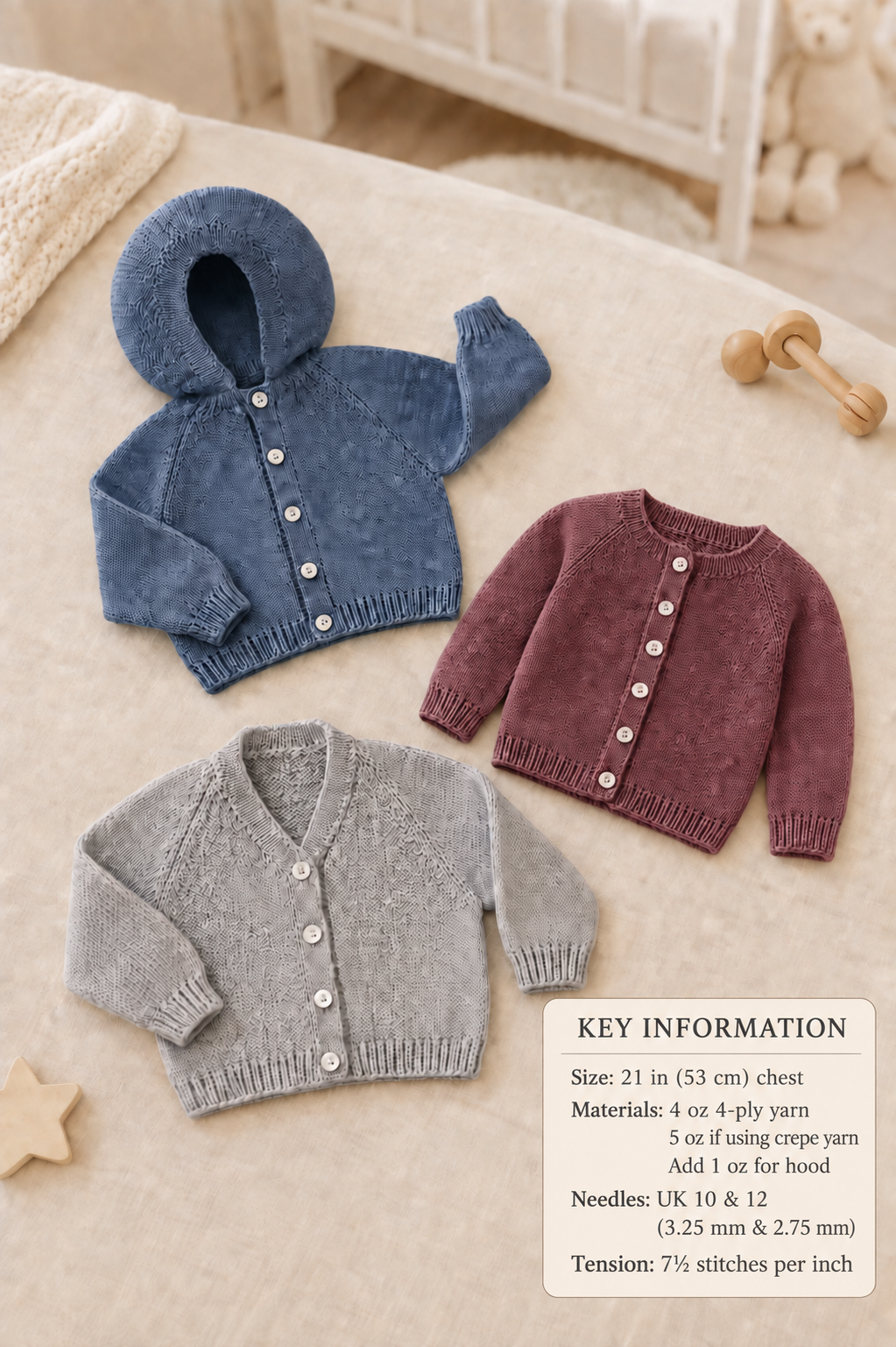 Baby Raglan Cardigans and hooded Jacket  6 - 12 months Knitting Pattern 4 ply