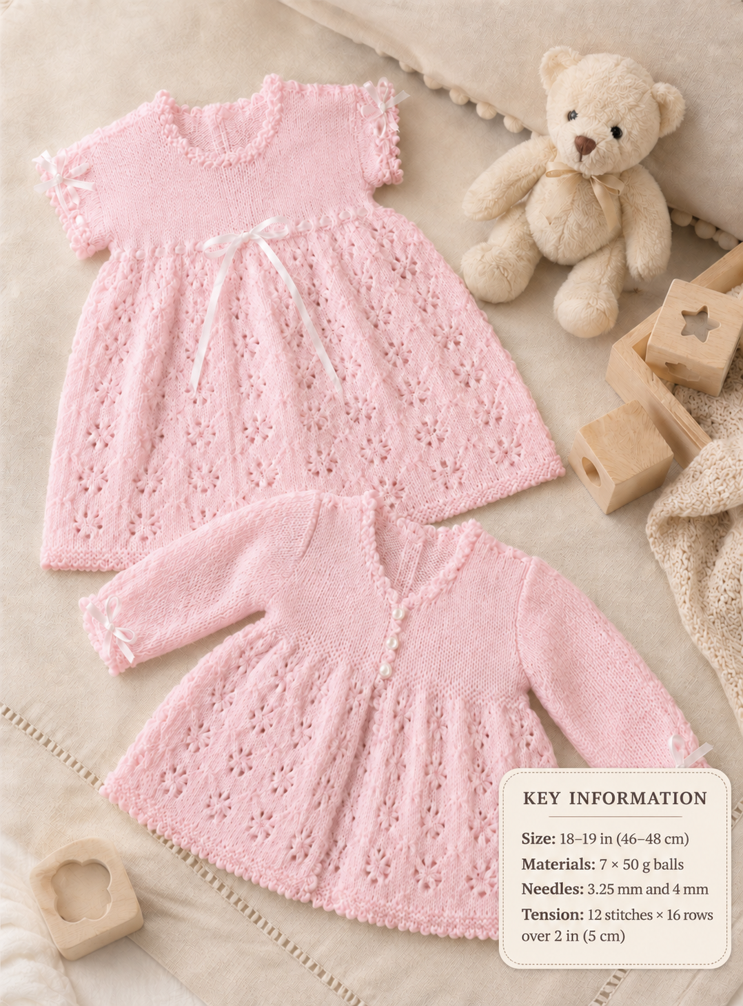 Baby Lace  Dress bonnet & Matinee Jacket Vintage Heirloom Baby DK 8 PLY- fits chest 18-19 inches