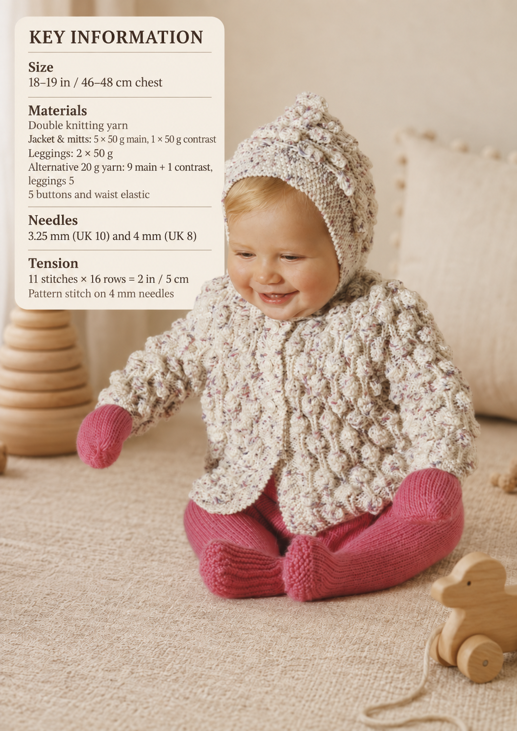 Baby Vintage Textured Jacket With Hood in DK-8ply 18-19"& Leggings and Mitts