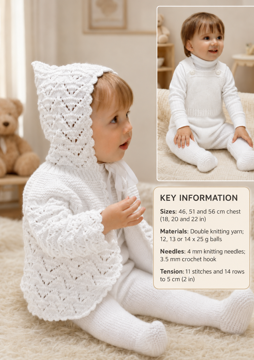 Baby Vintage lacey Hooded Jacket and Dungarees in DK-8ply wool and fits 18-22"