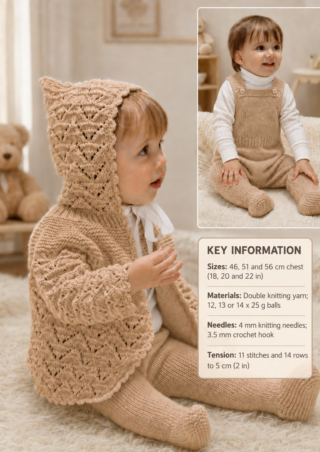 Baby Vintage lacey Hooded Jacket and Dungarees in DK-8ply wool and fits 18-22"