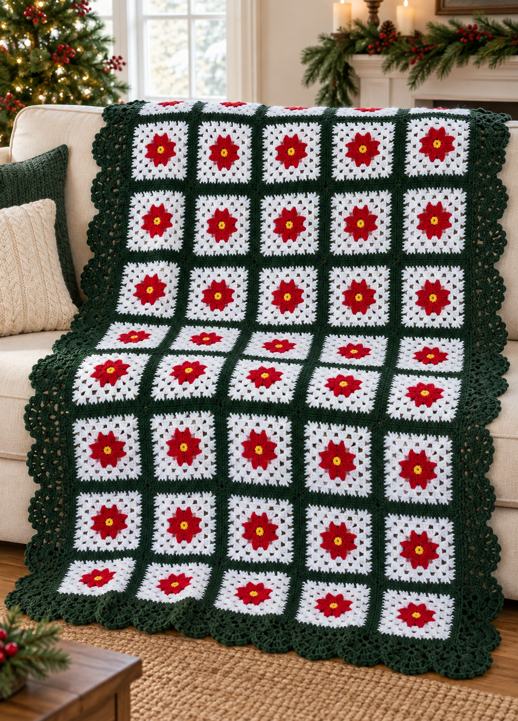 Poinsettia squares Victorian Christmas Afghan Crochet Pattern worsted weight wool measures 52 x65 when complete Download Crochet Pattern