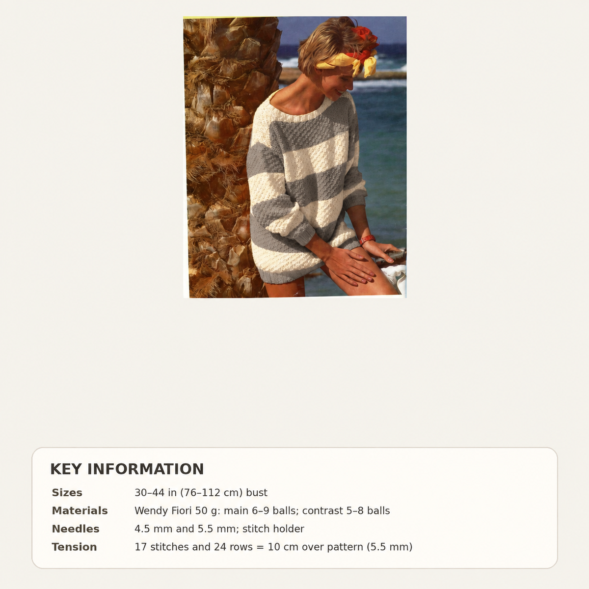 Easy Woman's Striped Round Neck Textured Jumper- Sweater 30"- 44"- Easy  Aran 10 ply Worsted wool Knitting Pattern