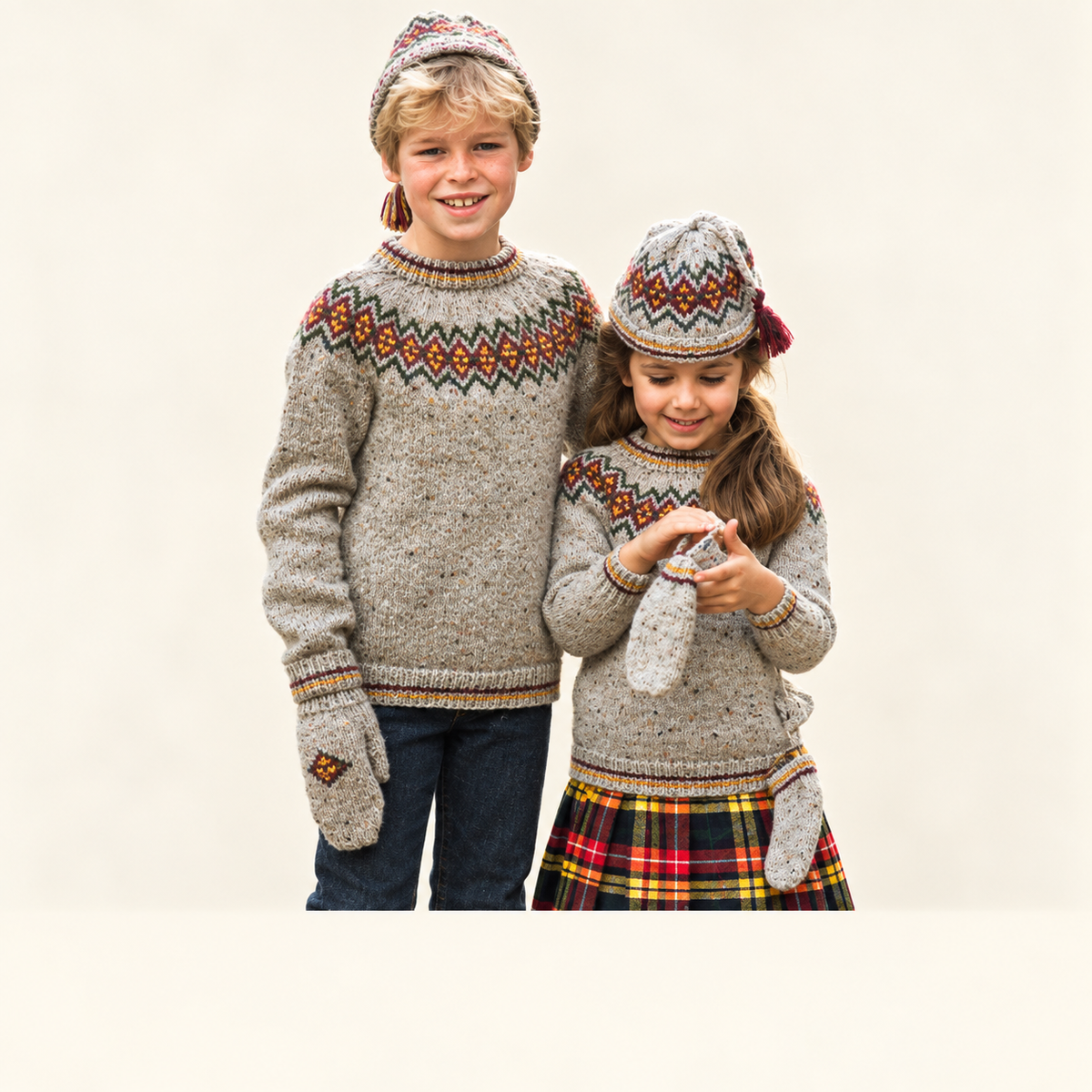 Children's Fair Isle set-  Yoked Icelandic style Jumper- Hat- Gloves - Knitting Pattern DK (8Ply), Children 22-28 chest