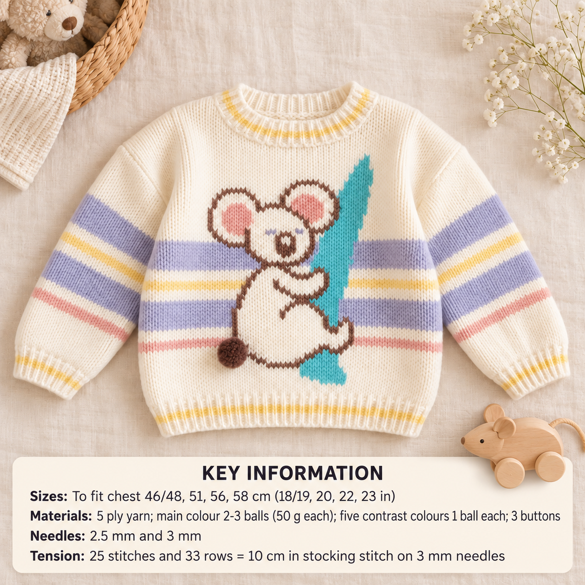 Koala Bear Sweater Fits Baby & Children Knitting Pattern in 5 ply sport Wool 18" - 23" Knitting Pattern PDF download- Has chart Knitted flat