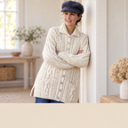 Woman's Aran Cardigan Cable ~round Neck With Collar & V neck pockets Aran 10 ply worsted 30-42"