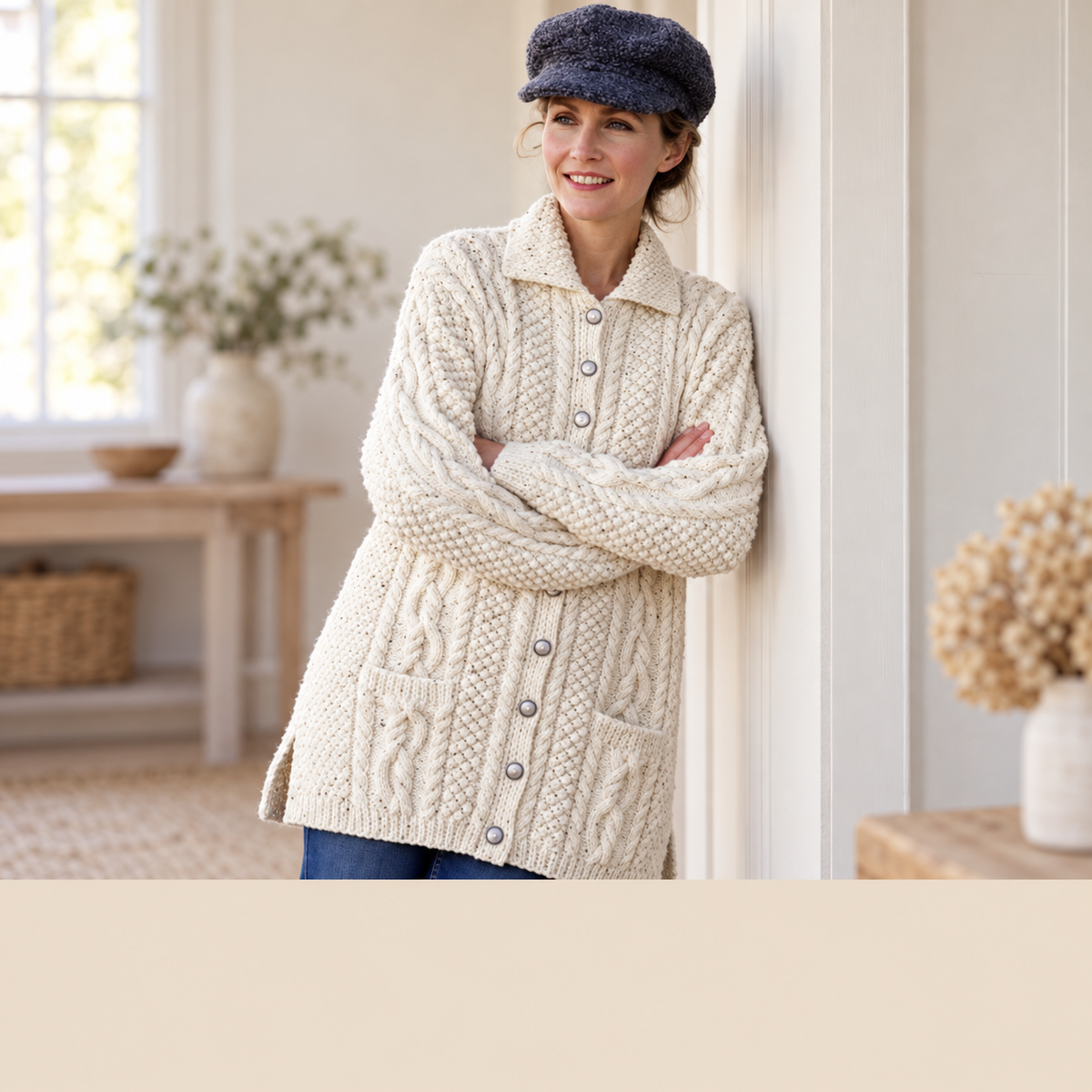 Woman's Aran Cardigan Cable ~round Neck With Collar & V neck pockets Aran 10 ply worsted 30-42"