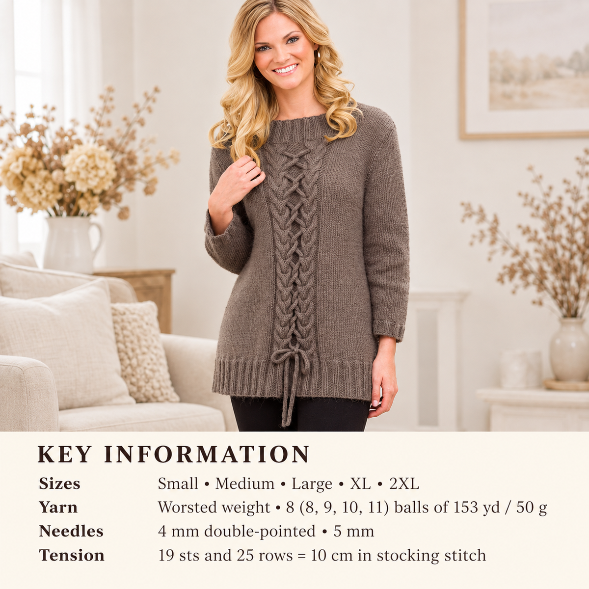 Ladies Long I-cord Cable Sweater-Jumper-Pullover Knitting Pattern- Instant download- worsted- Aran 10 ply wool-37-52Ins