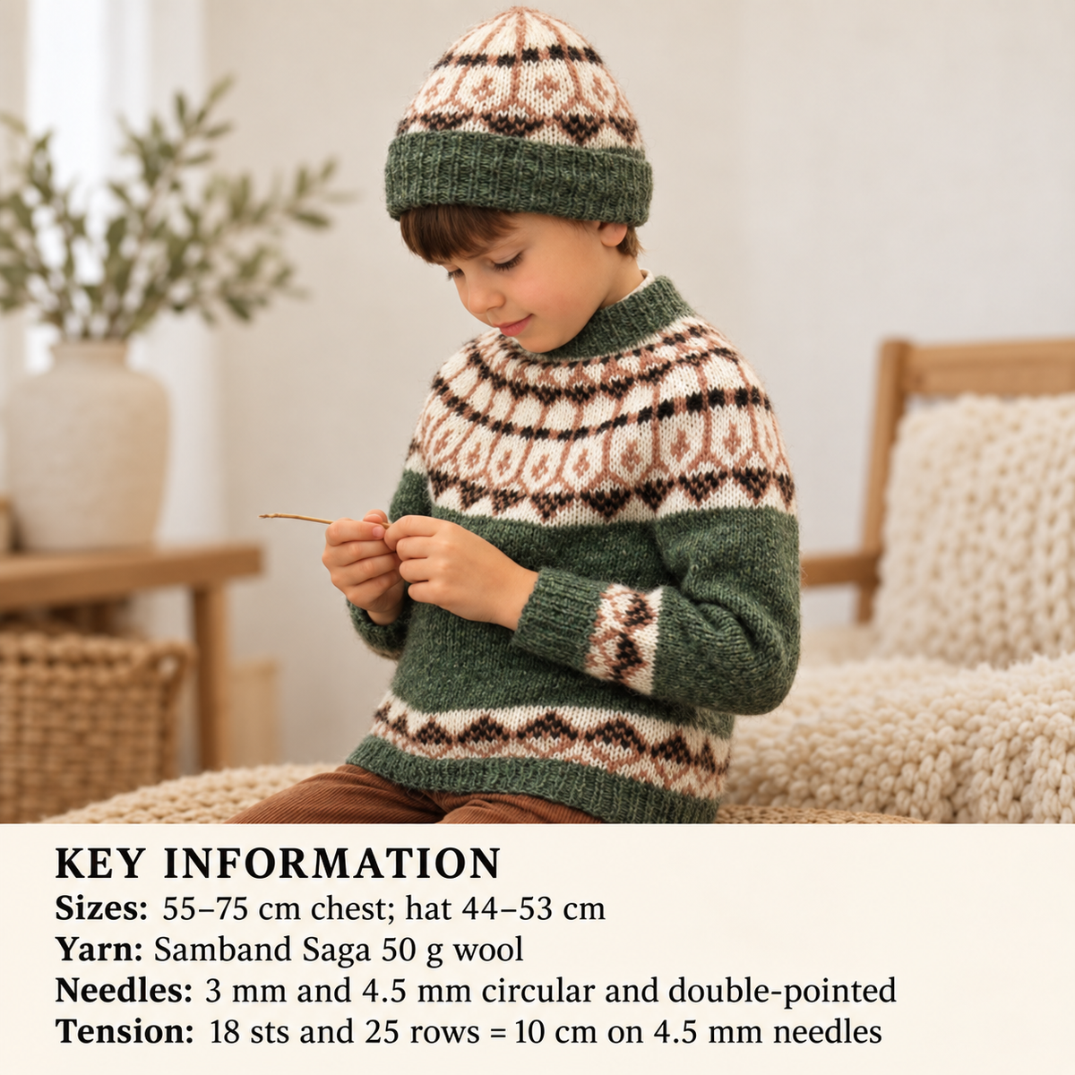 Children's Icelandic - Lopi Sweater Jumper- Knitting Pattern Fair Isle & Matching hat- Aran 10 ply Worsted Yarn- Fits 22"- 30"