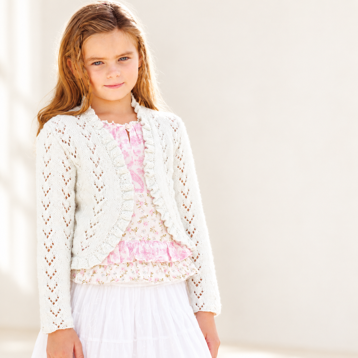 Girls Bolero Cardigan, filled edge eyelet pattern 22-32" ( 1 - 12 yrs)DK / Light worsted /8ply pdf Instant Download knitting pattern PDF