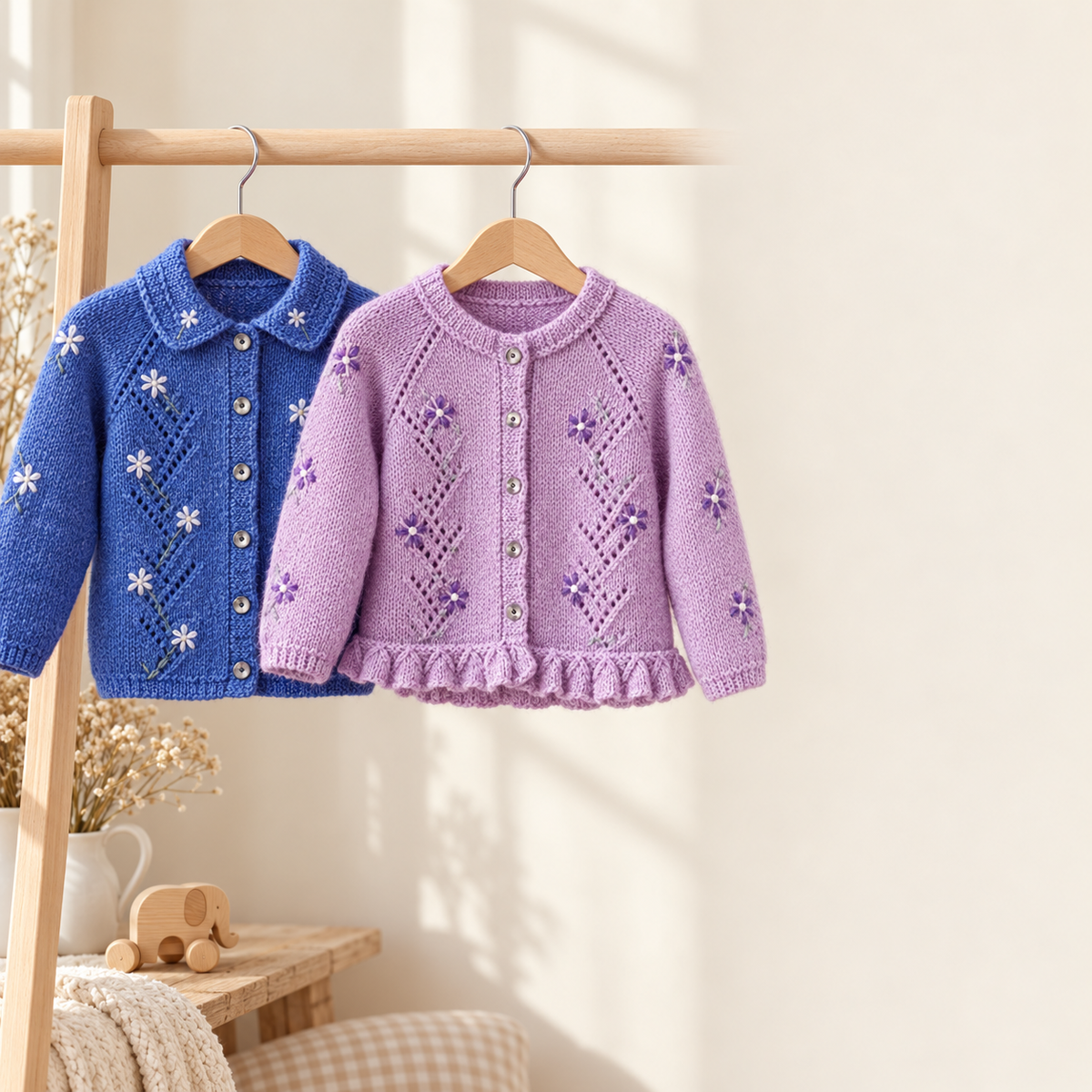 Girls Embroidered Flower Raglan Cardigan Knitting Pattern (PDF Download)