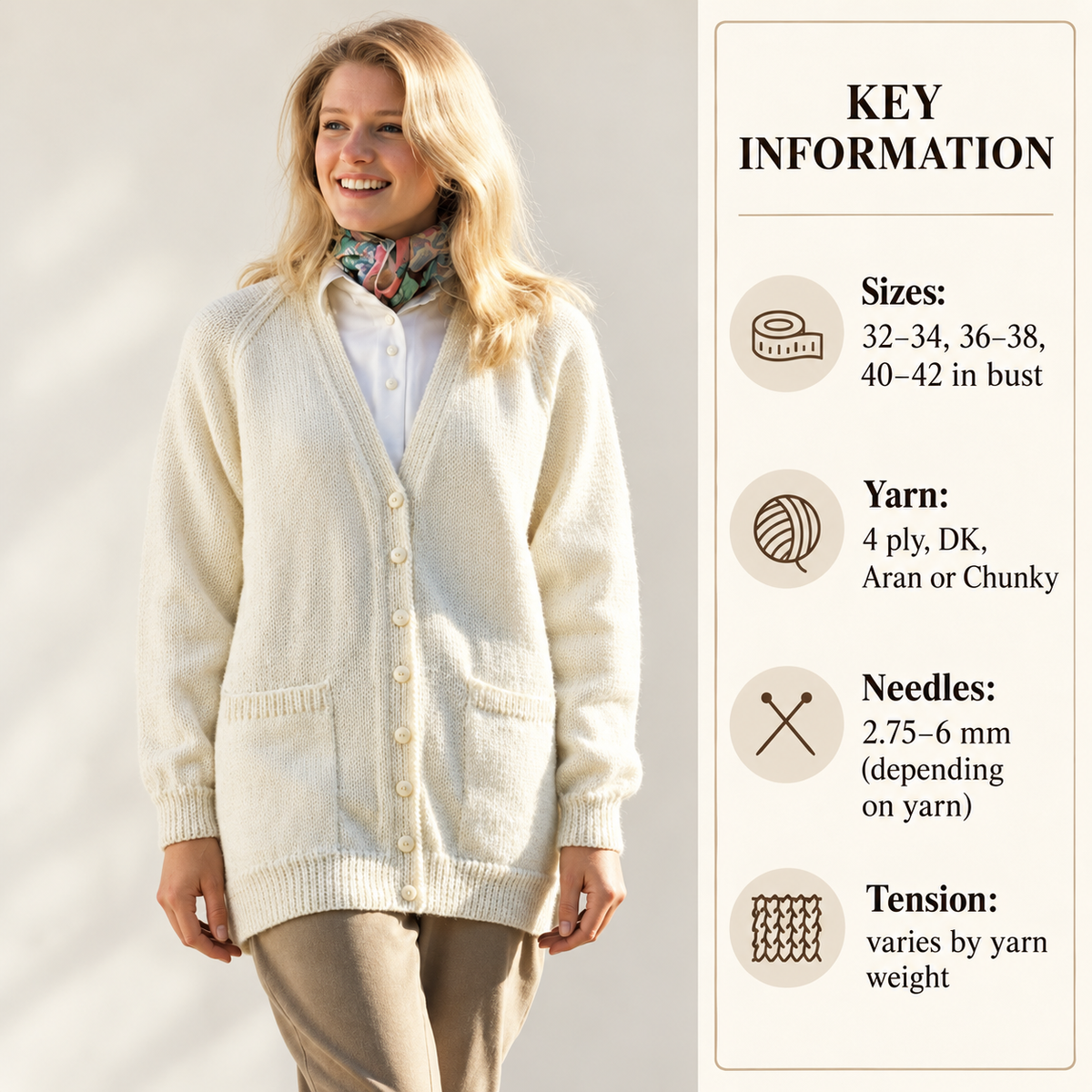 Vintage Ladies Cardigan Knitting Pattern with Pockets (PDF Download) Plain easy Knit