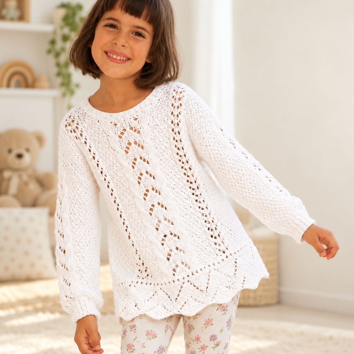 Girls Scoop Neck Lacy Panel Sweater Tunic Jumper 22-32" ~ 2 - 12 Years Cotton DK wool 8ply Light Worsted Knitting Pattern pdf Download