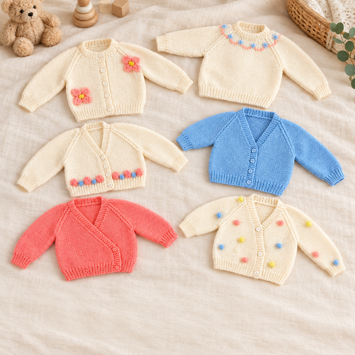 Baby Crew V Neck Cardigans & Sweater, Raglan Sleeve, Ribbed, Easy Knit, DK yarn, 16 - 22 chest, Vintage knitting pattern (PDF Download)
