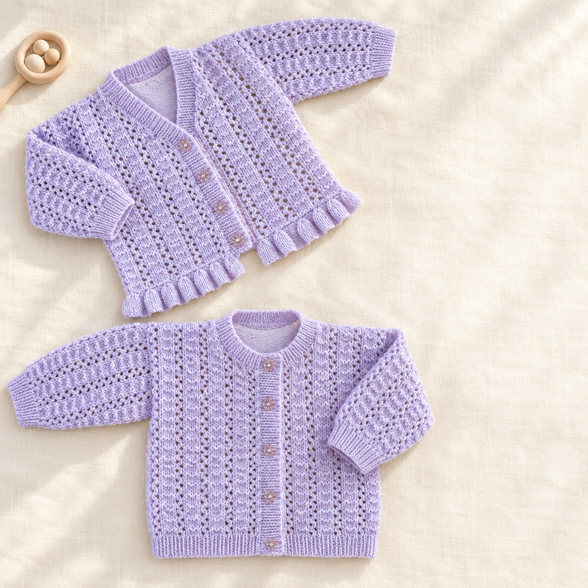 4ply-V neck & Round neck cardigan-frilly peplum border- 16-26" Download PDF Knitting Pattern
