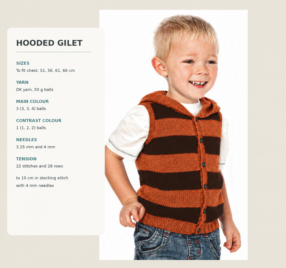 Boys easy Knit stripe Hooded Gilet, sleeveless cardigan in DK -8Ply yarn- Knitting Pattern pdf Digital Download Fits- 2 yrs- 7 years