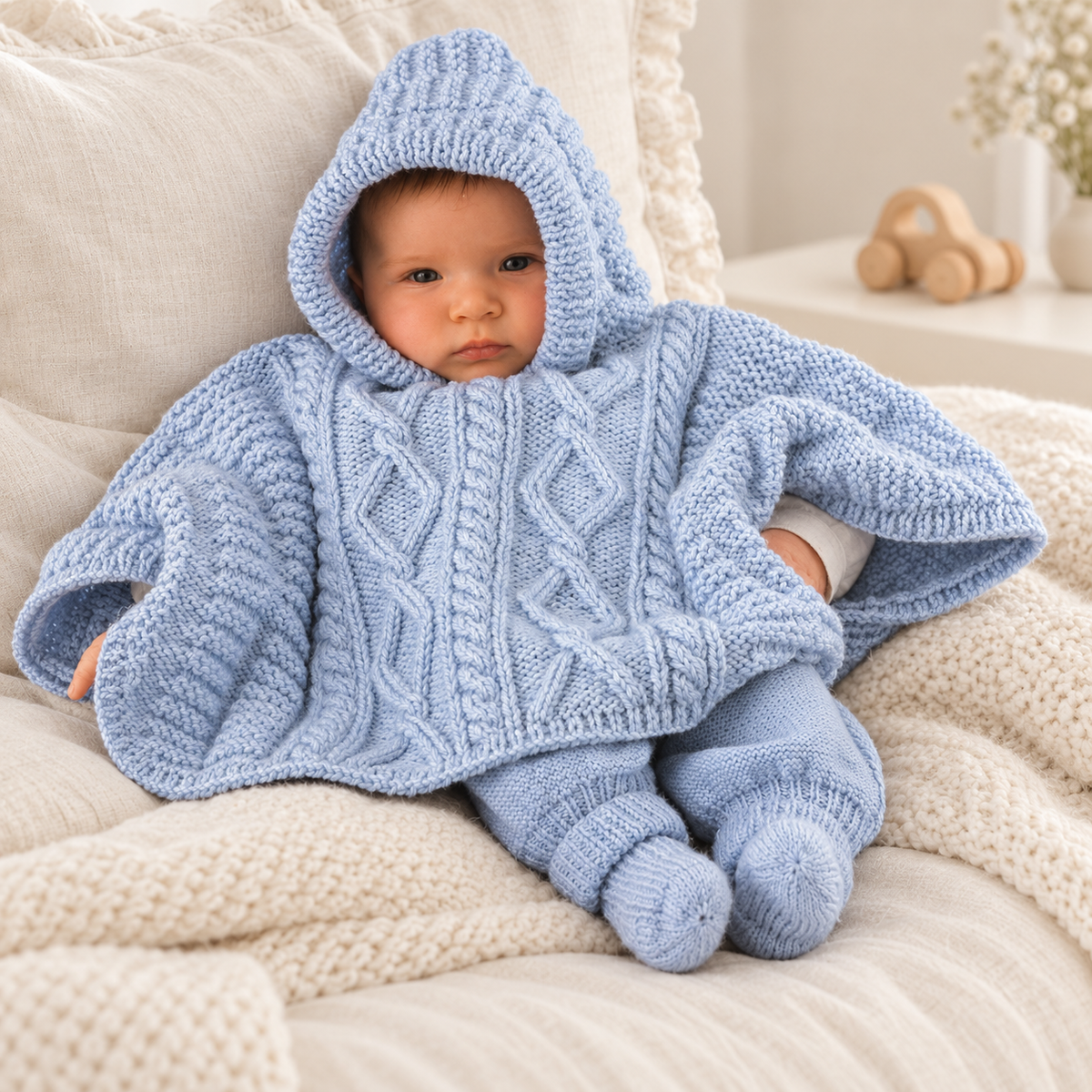 Hooded Loose Fit Cable Poncho  Fits 3 months-18 months Aran 10 ply Worsted Knitting Pattern PDF Download
