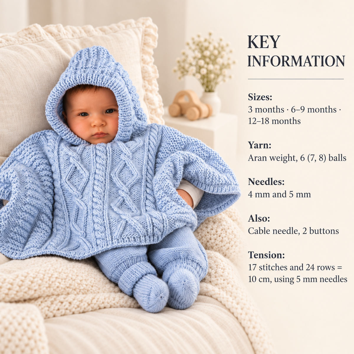 Hooded Loose Fit Cable Poncho  Fits 3 months-18 months Aran 10 ply Worsted Knitting Pattern PDF Download