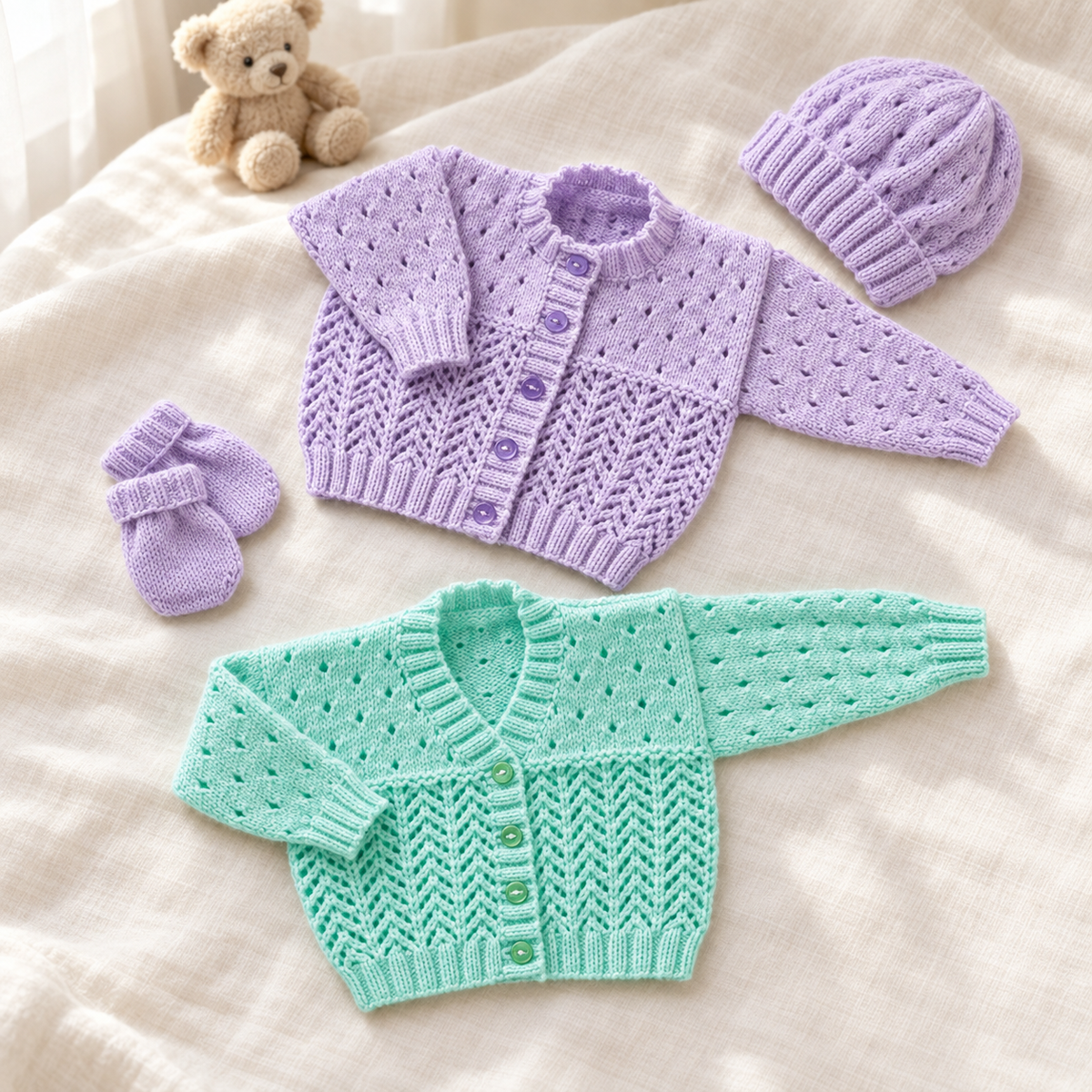 Baby Girls Boys Cardigans Round Neck V Neck Eyelet lacy & Hat Mitts Premature 12" - 22" DK 8 Ply Light Worsted Knitting Pattern PDF download