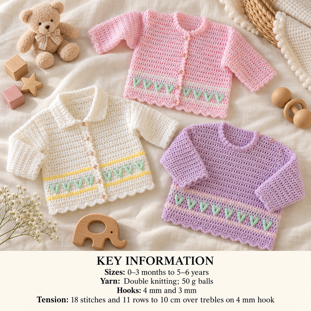 Baby Crochet V Neck- Round Neck Cardigans & Jumper 8Ply DK Light worsted  wool- 16 - 26" Birth -6 years Crochet Pattern- Download PDF