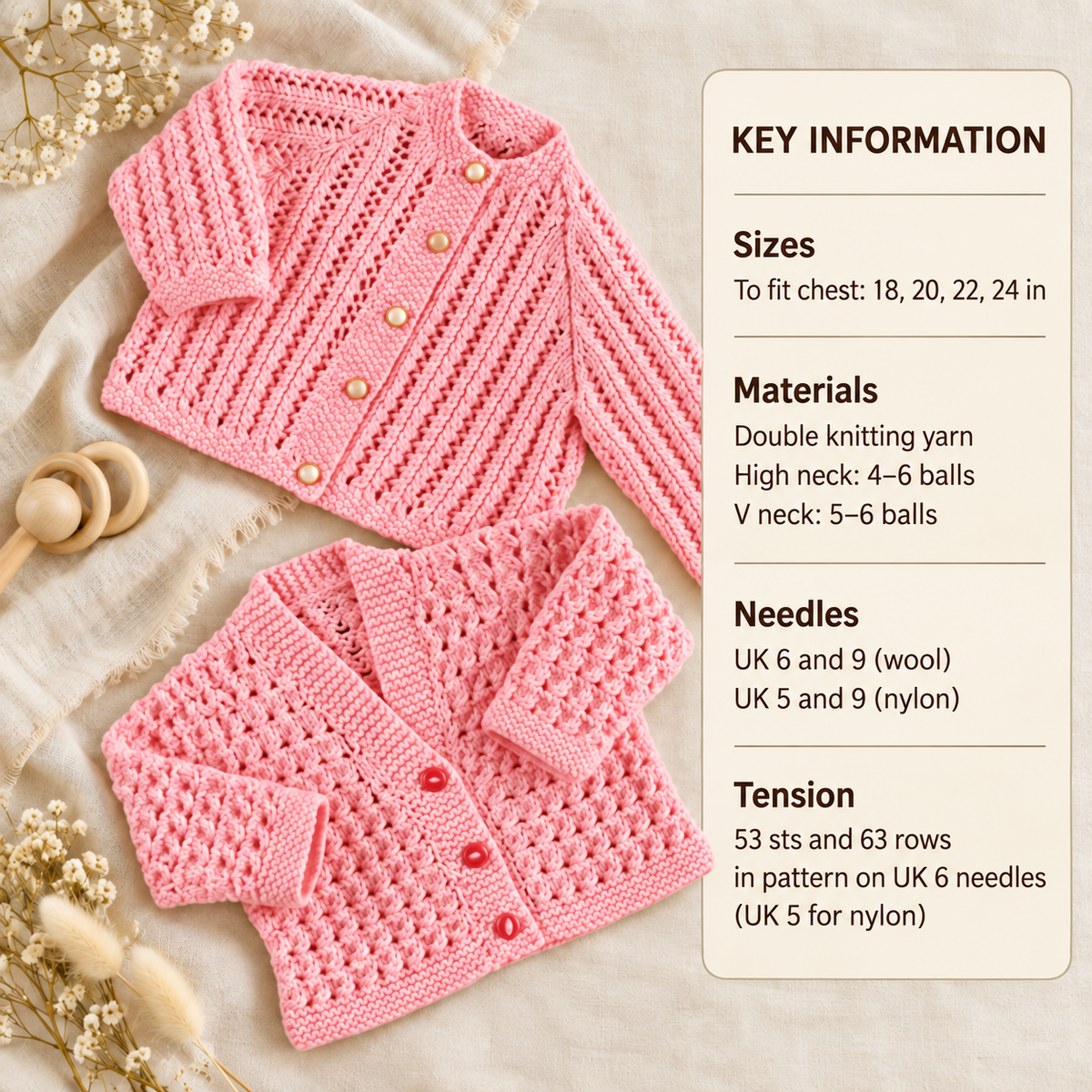 Girl's Baby Jacket Cardigans-  Eyelet lacy design Textured- 18" - 24"  DK 8 PLy Light worsted Knitting Pattern Download PDF